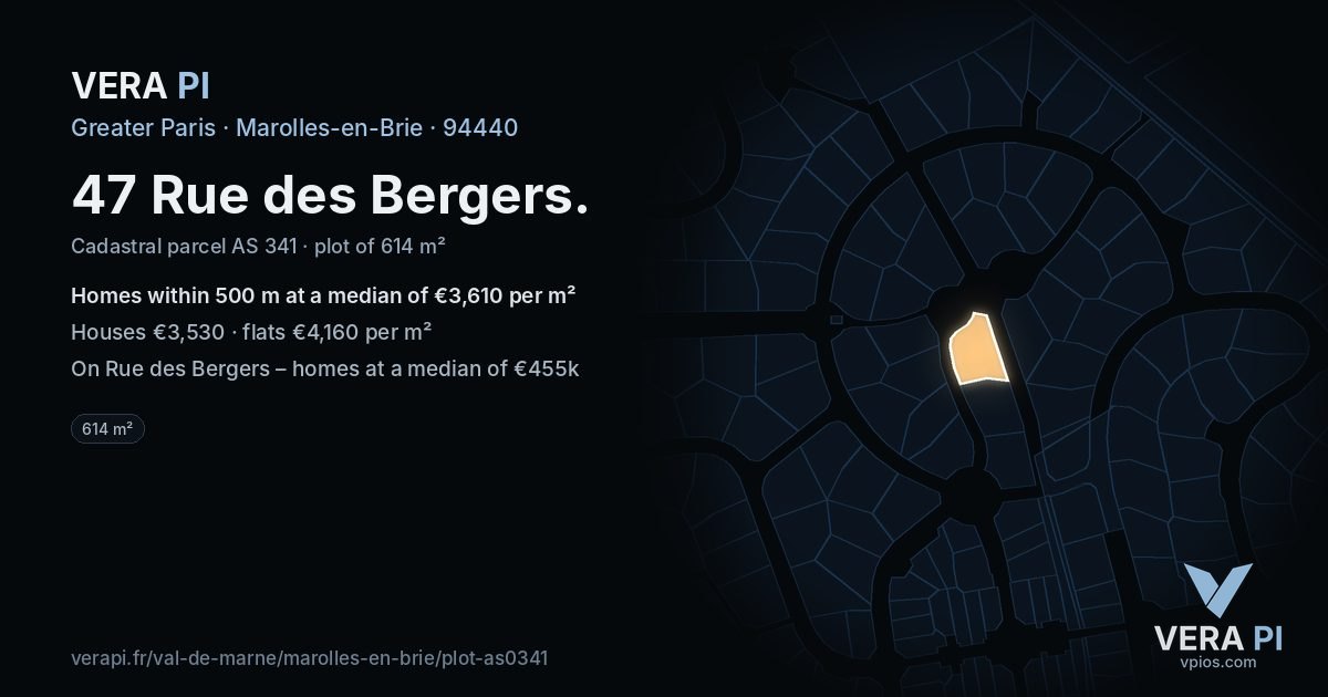 47 Rue des Bergers, Marolles-en-Brie at night – the plot lit, the parcels around coloured by the prices near them