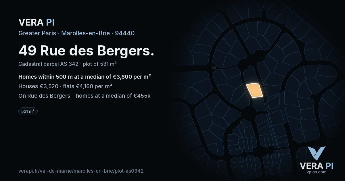 49 Rue des Bergers, Marolles-en-Brie at night – the plot lit, the parcels around coloured by the prices near them