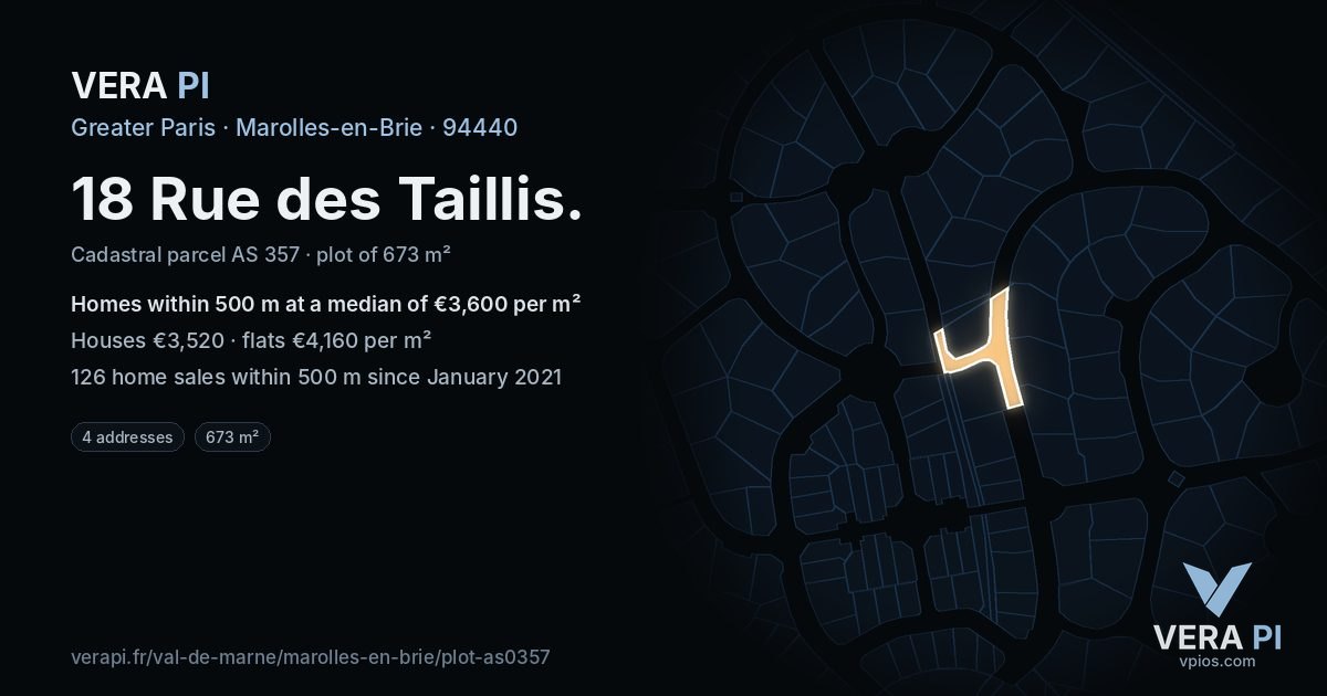 18 Rue des Taillis, Marolles-en-Brie at night – the plot lit, the parcels around coloured by the prices near them