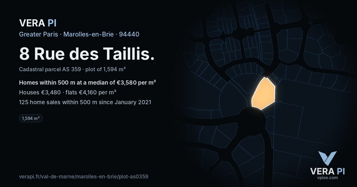 8 Rue des Taillis, Marolles-en-Brie at night – the plot lit, the parcels around coloured by the prices near them