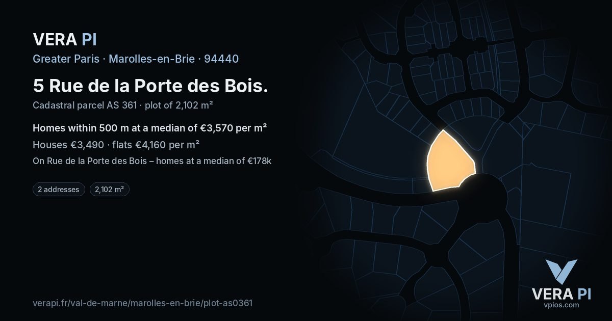5 Rue de la Porte des Bois, Marolles-en-Brie at night – the plot lit, the parcels around coloured by the prices near them
