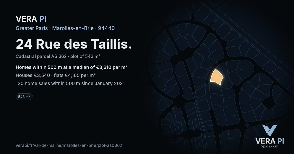 24 Rue des Taillis, Marolles-en-Brie at night – the plot lit, the parcels around coloured by the prices near them
