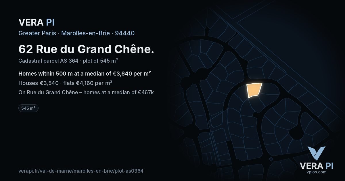 62 Rue du Grand Chêne, Marolles-en-Brie at night – the plot lit, the parcels around coloured by the prices near them
