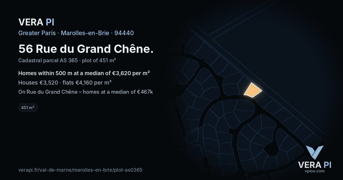 56 Rue du Grand Chêne, Marolles-en-Brie at night – the plot lit, the parcels around coloured by the prices near them