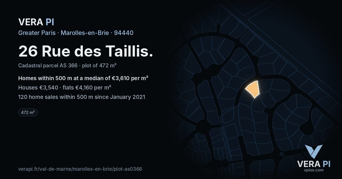 26 Rue des Taillis, Marolles-en-Brie at night – the plot lit, the parcels around coloured by the prices near them