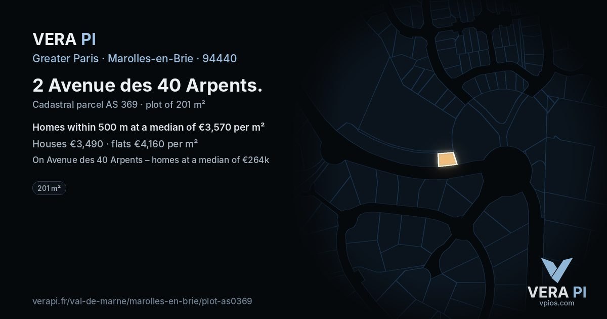 2 Avenue des 40 Arpents, Marolles-en-Brie at night – the plot lit, the parcels around coloured by the prices near them