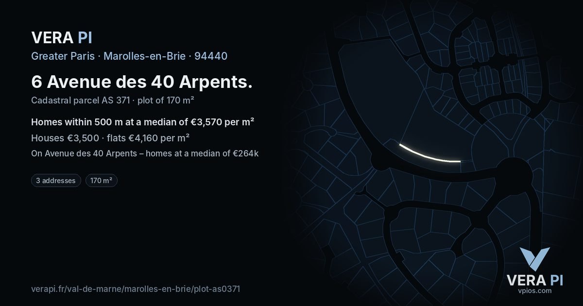 6 Avenue des 40 Arpents, Marolles-en-Brie at night – the plot lit, the parcels around coloured by the prices near them