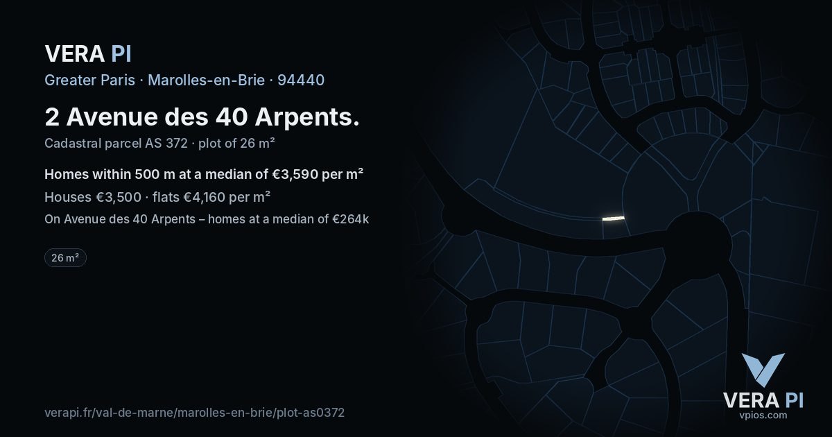 2 Avenue des 40 Arpents, Marolles-en-Brie at night – the plot lit, the parcels around coloured by the prices near them