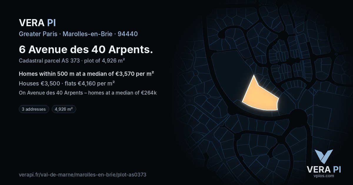 6 Avenue des 40 Arpents, Marolles-en-Brie at night – the plot lit, the parcels around coloured by the prices near them