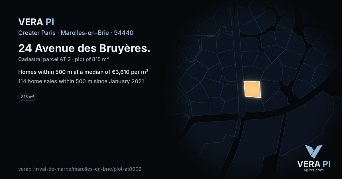 24 Avenue des Bruyères, Marolles-en-Brie at night – the plot lit, the parcels around coloured by the prices near them