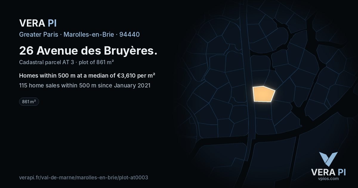 26 Avenue des Bruyères, Marolles-en-Brie at night – the plot lit, the parcels around coloured by the prices near them