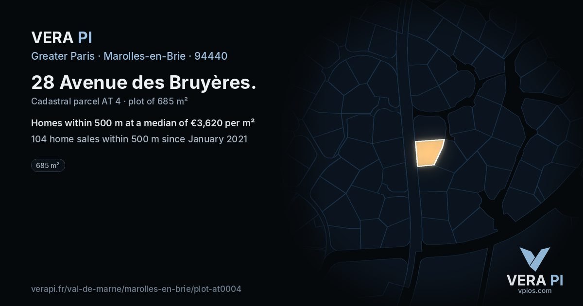 28 Avenue des Bruyères, Marolles-en-Brie at night – the plot lit, the parcels around coloured by the prices near them