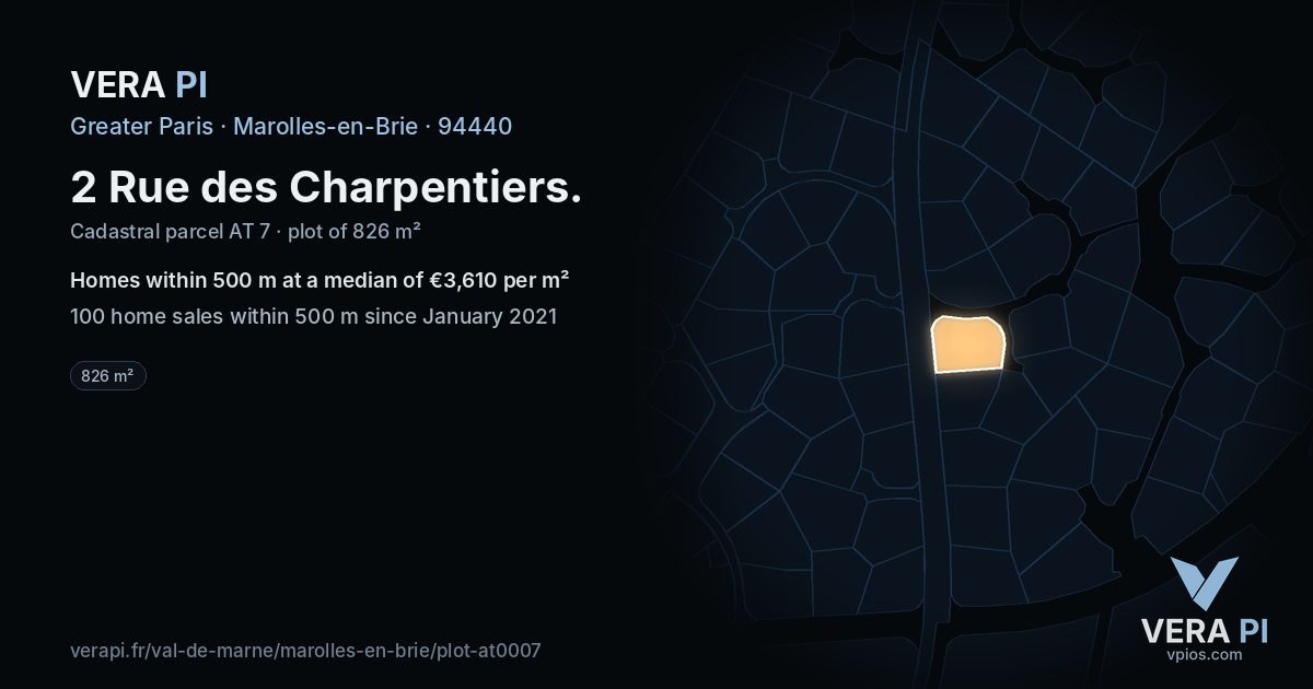 2 Rue des Charpentiers, Marolles-en-Brie at night – the plot lit, the parcels around coloured by the prices near them