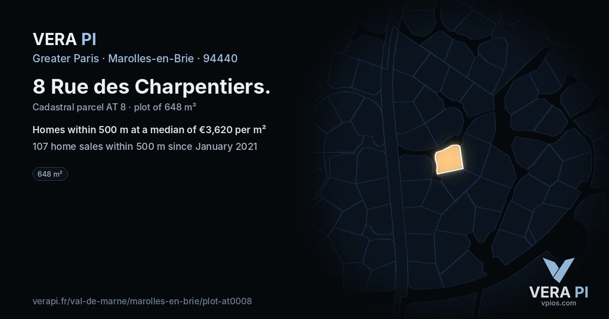 8 Rue des Charpentiers, Marolles-en-Brie at night – the plot lit, the parcels around coloured by the prices near them