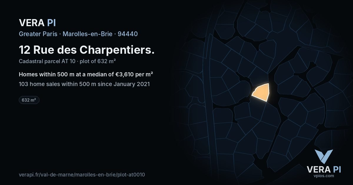 12 Rue des Charpentiers, Marolles-en-Brie at night – the plot lit, the parcels around coloured by the prices near them