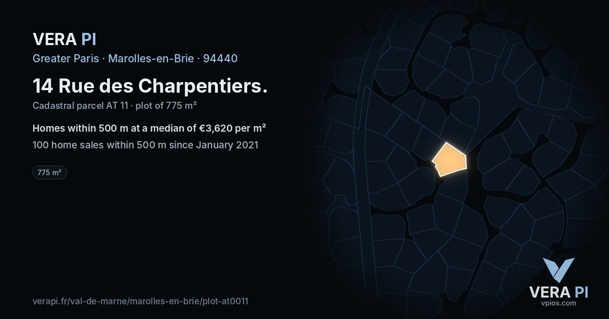 14 Rue des Charpentiers, Marolles-en-Brie at night – the plot lit, the parcels around coloured by the prices near them