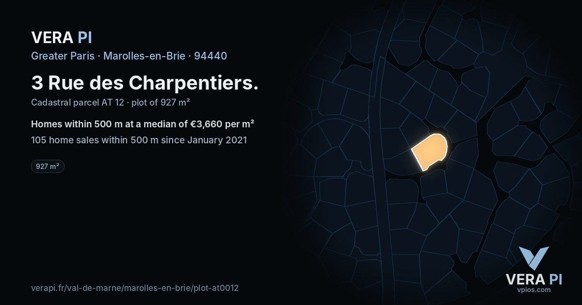 3 Rue des Charpentiers, Marolles-en-Brie at night – the plot lit, the parcels around coloured by the prices near them