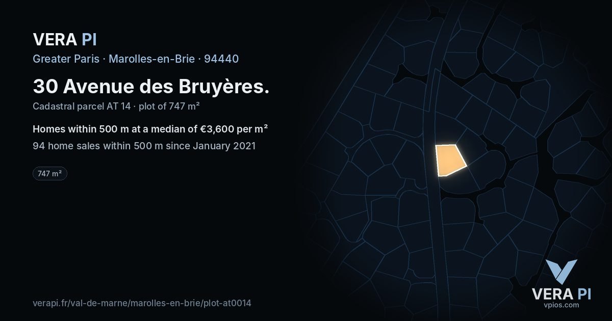30 Avenue des Bruyères, Marolles-en-Brie at night – the plot lit, the parcels around coloured by the prices near them