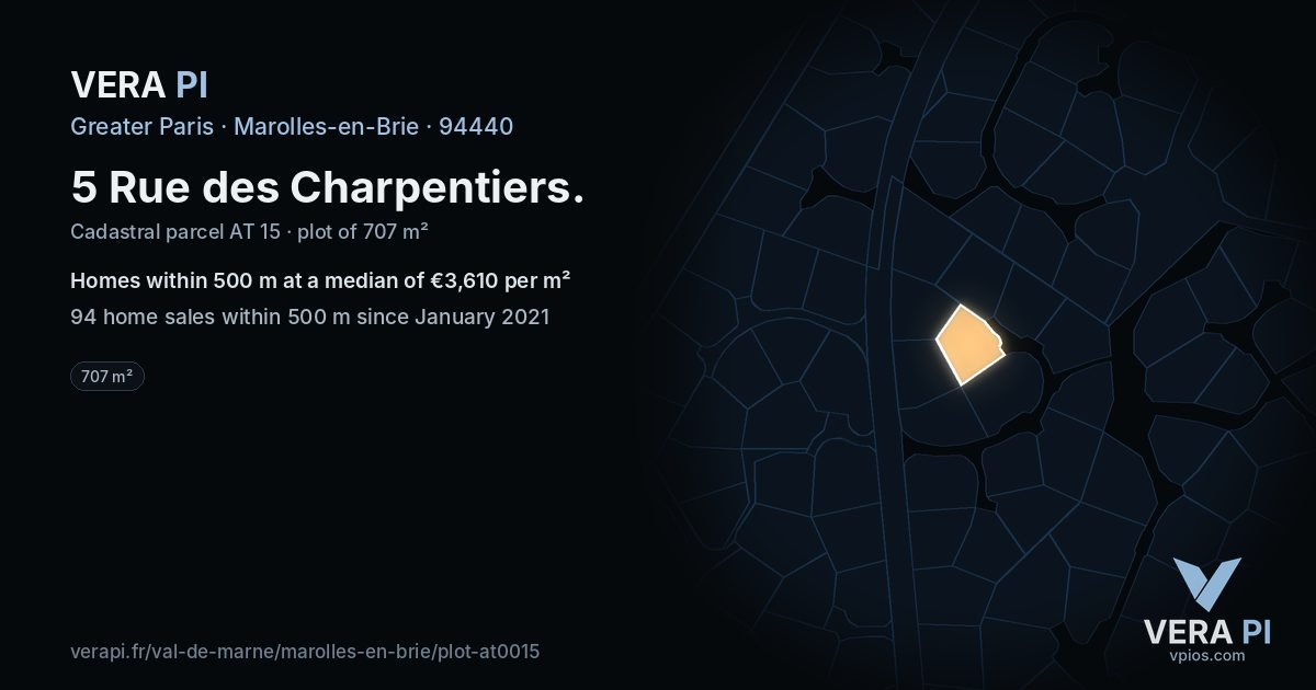 5 Rue des Charpentiers, Marolles-en-Brie at night – the plot lit, the parcels around coloured by the prices near them