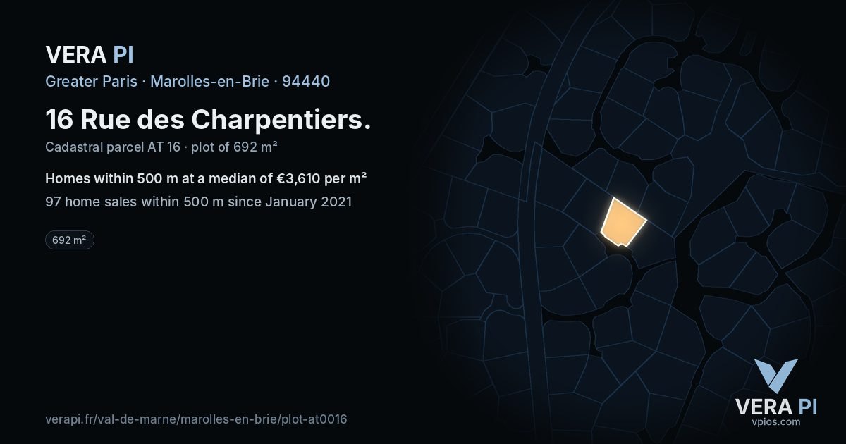 16 Rue des Charpentiers, Marolles-en-Brie at night – the plot lit, the parcels around coloured by the prices near them