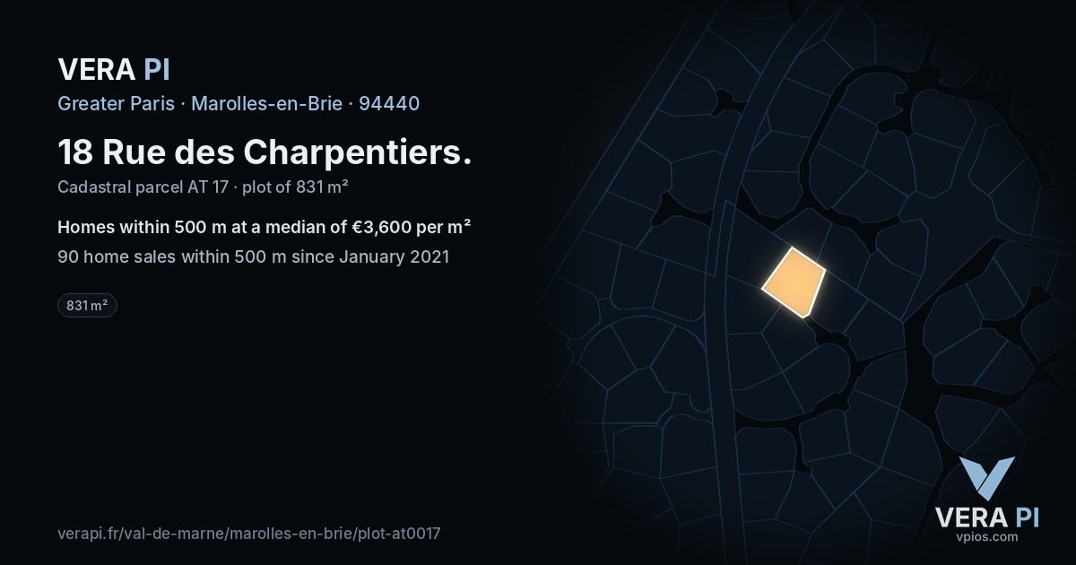 18 Rue des Charpentiers, Marolles-en-Brie at night – the plot lit, the parcels around coloured by the prices near them