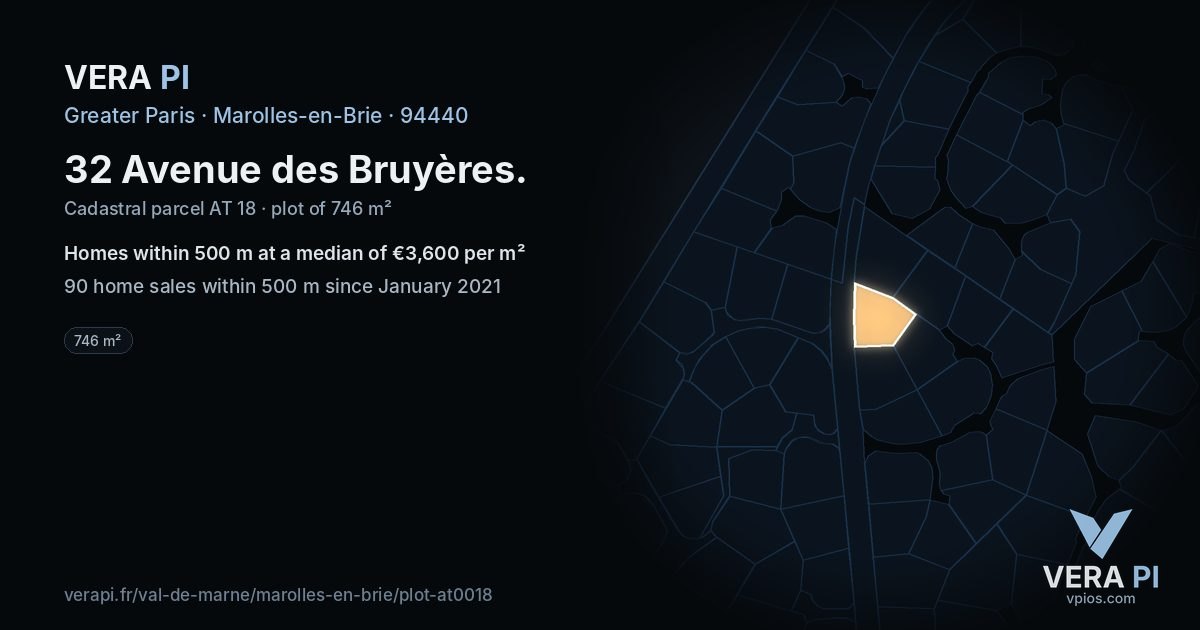 32 Avenue des Bruyères, Marolles-en-Brie at night – the plot lit, the parcels around coloured by the prices near them