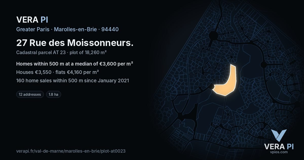 27 Rue des Moissonneurs, Marolles-en-Brie at night – the plot lit, the parcels around coloured by the prices near them