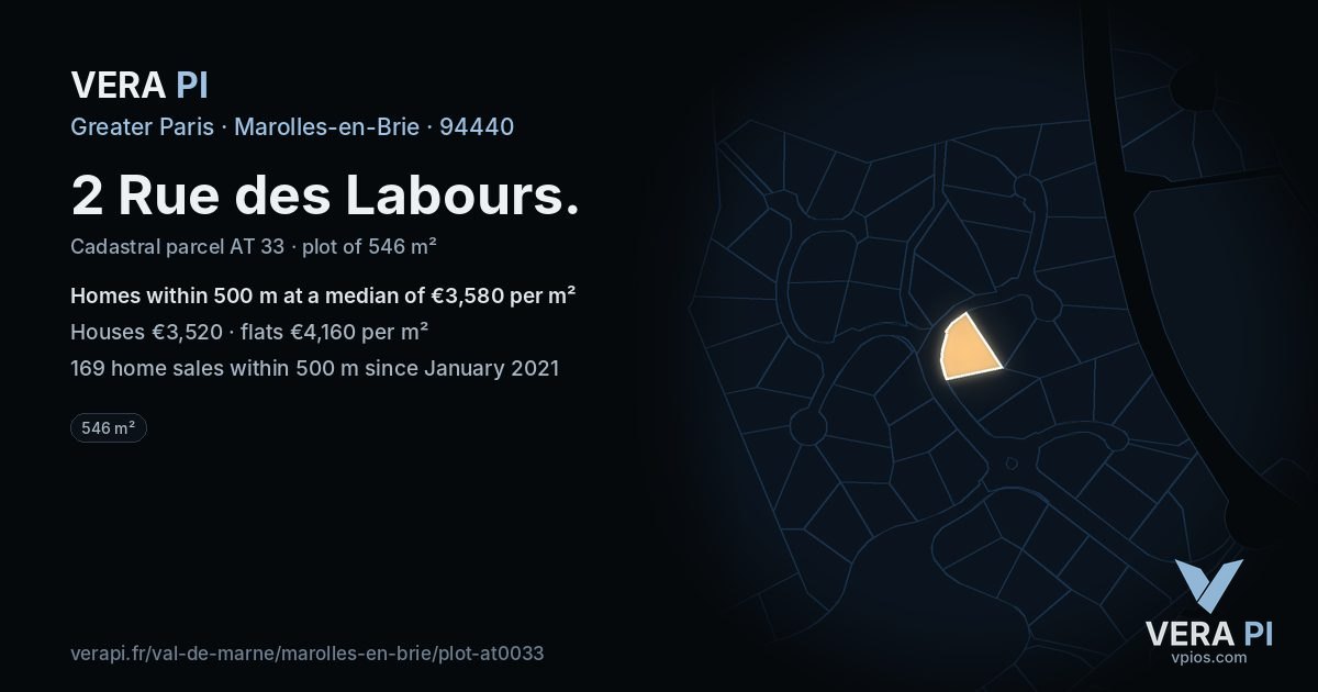 2 Rue des Labours, Marolles-en-Brie at night – the plot lit, the parcels around coloured by the prices near them