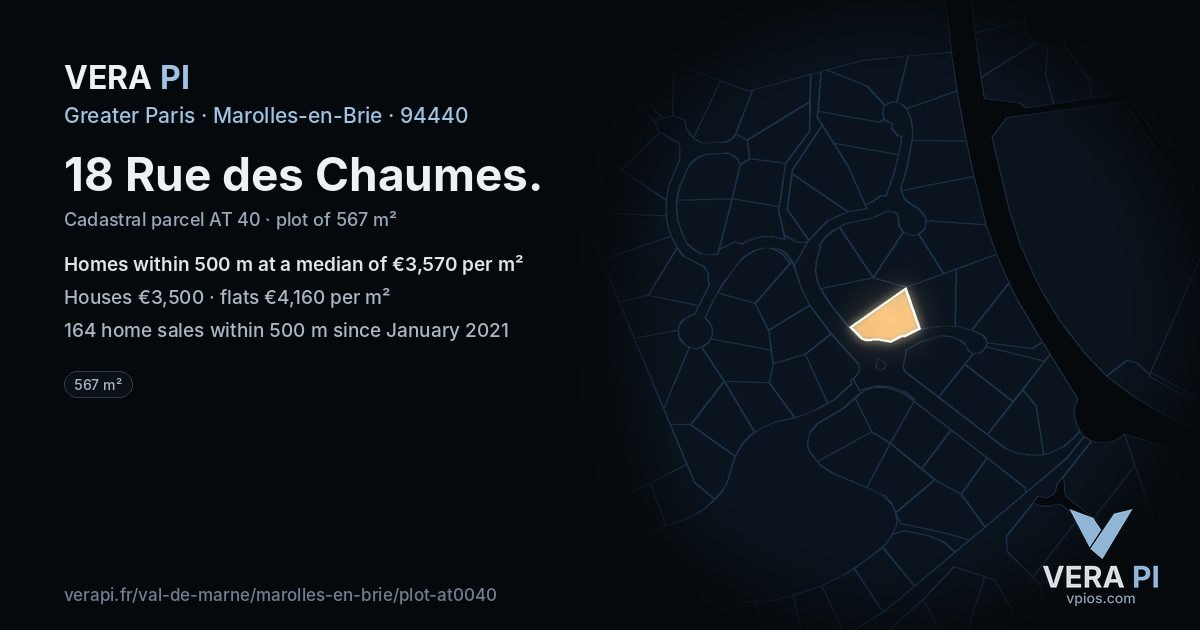 18 Rue des Chaumes, Marolles-en-Brie at night – the plot lit, the parcels around coloured by the prices near them