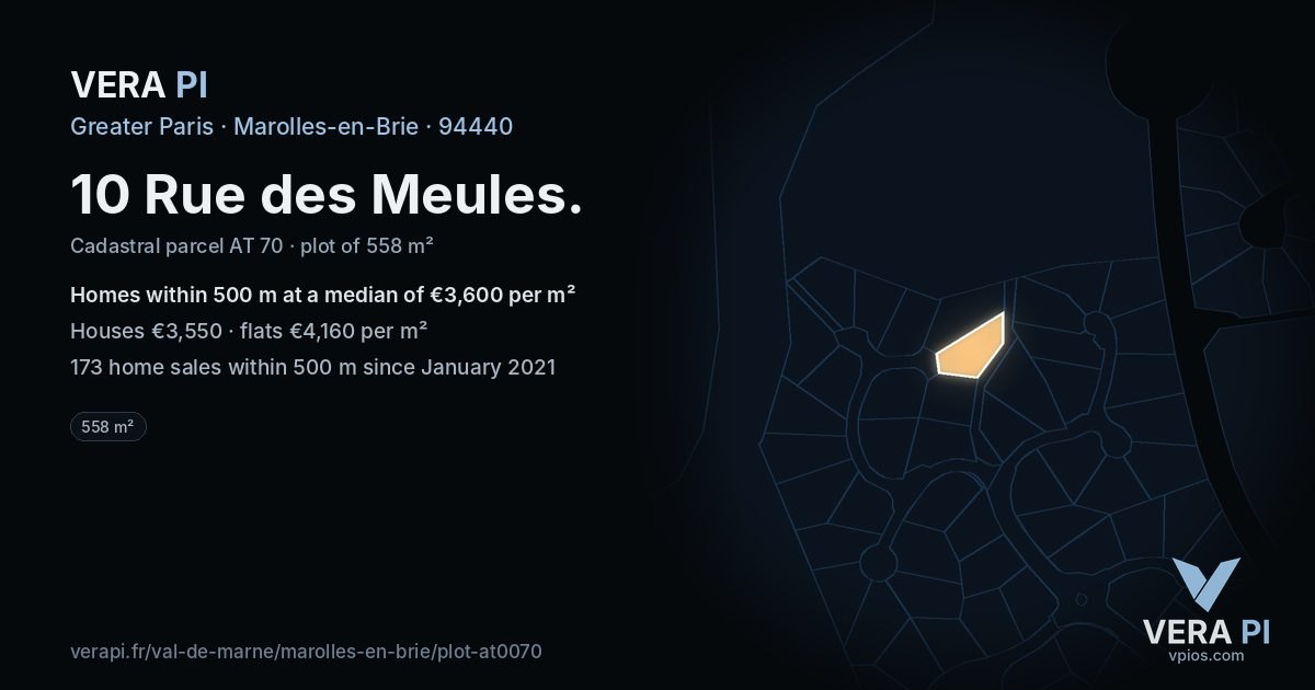 10 Rue des Meules, Marolles-en-Brie at night – the plot lit, the parcels around coloured by the prices near them