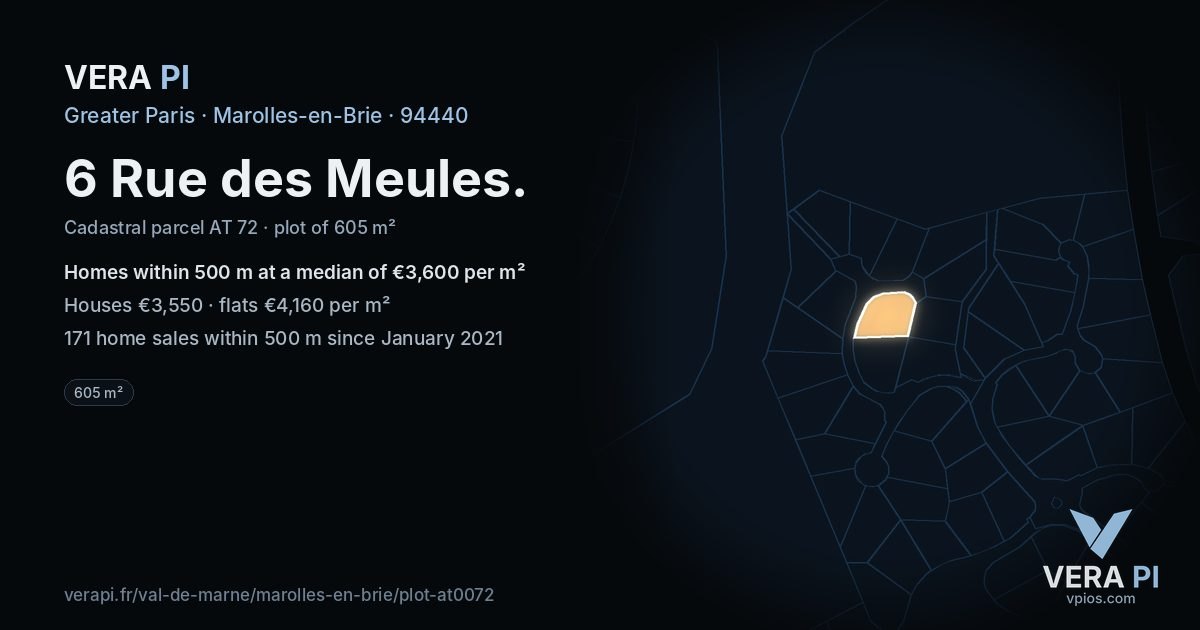 6 Rue des Meules, Marolles-en-Brie at night – the plot lit, the parcels around coloured by the prices near them
