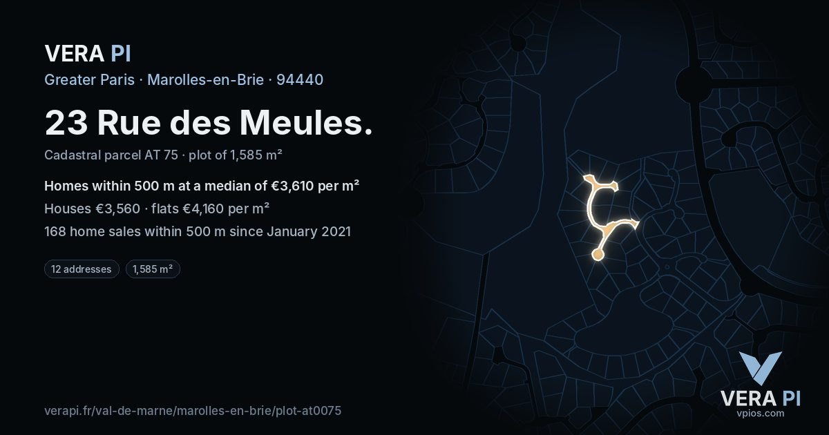 23 Rue des Meules, Marolles-en-Brie at night – the plot lit, the parcels around coloured by the prices near them