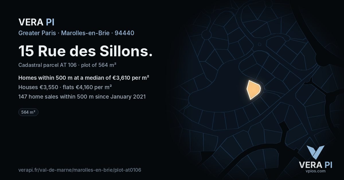 15 Rue des Sillons, Marolles-en-Brie at night – the plot lit, the parcels around coloured by the prices near them