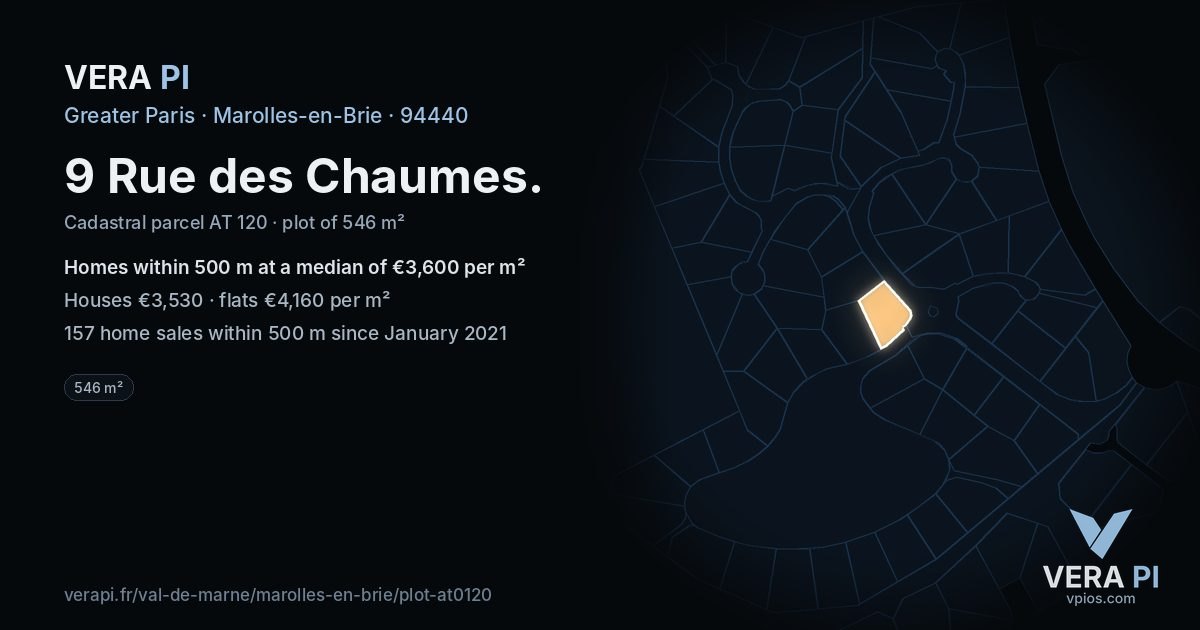 9 Rue des Chaumes, Marolles-en-Brie at night – the plot lit, the parcels around coloured by the prices near them