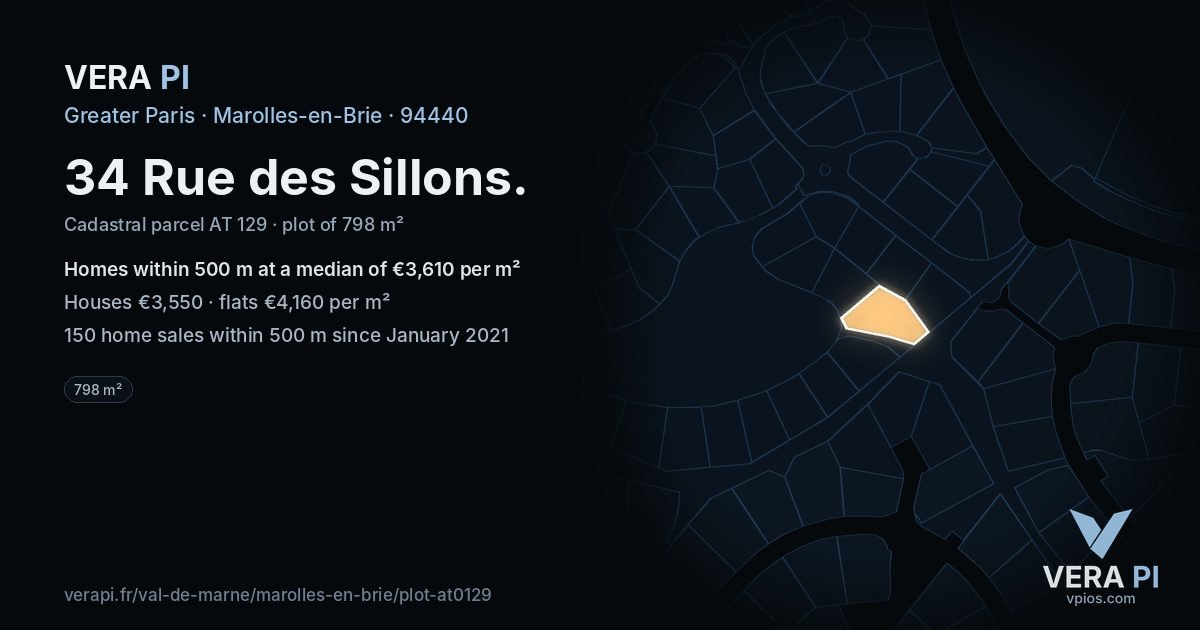 34 Rue des Sillons, Marolles-en-Brie at night – the plot lit, the parcels around coloured by the prices near them