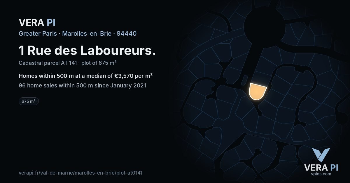 1 Rue des Laboureurs, Marolles-en-Brie at night – the plot lit, the parcels around coloured by the prices near them