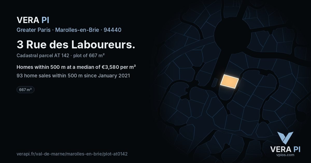 3 Rue des Laboureurs, Marolles-en-Brie at night – the plot lit, the parcels around coloured by the prices near them