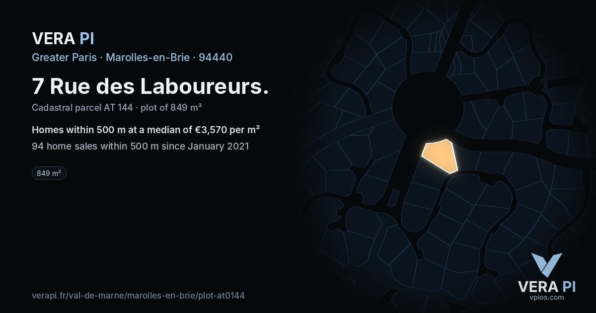 7 Rue des Laboureurs, Marolles-en-Brie at night – the plot lit, the parcels around coloured by the prices near them