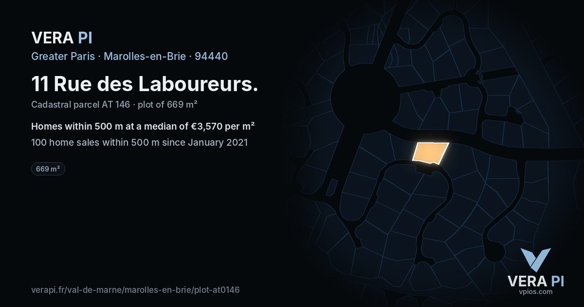 11 Rue des Laboureurs, Marolles-en-Brie at night – the plot lit, the parcels around coloured by the prices near them