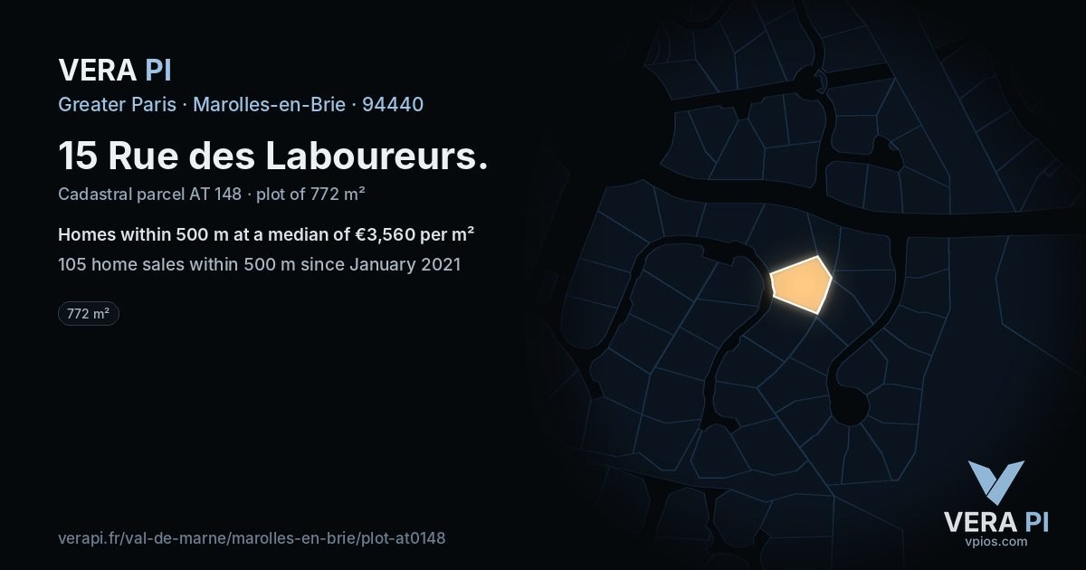 15 Rue des Laboureurs, Marolles-en-Brie at night – the plot lit, the parcels around coloured by the prices near them