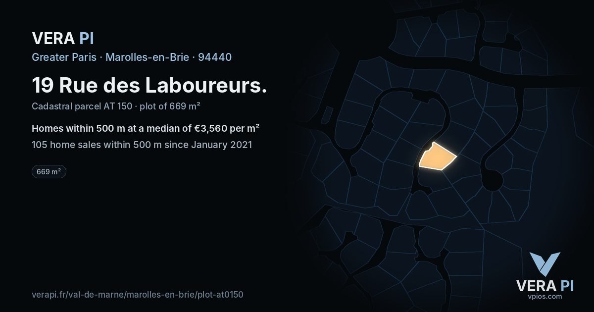 19 Rue des Laboureurs, Marolles-en-Brie at night – the plot lit, the parcels around coloured by the prices near them