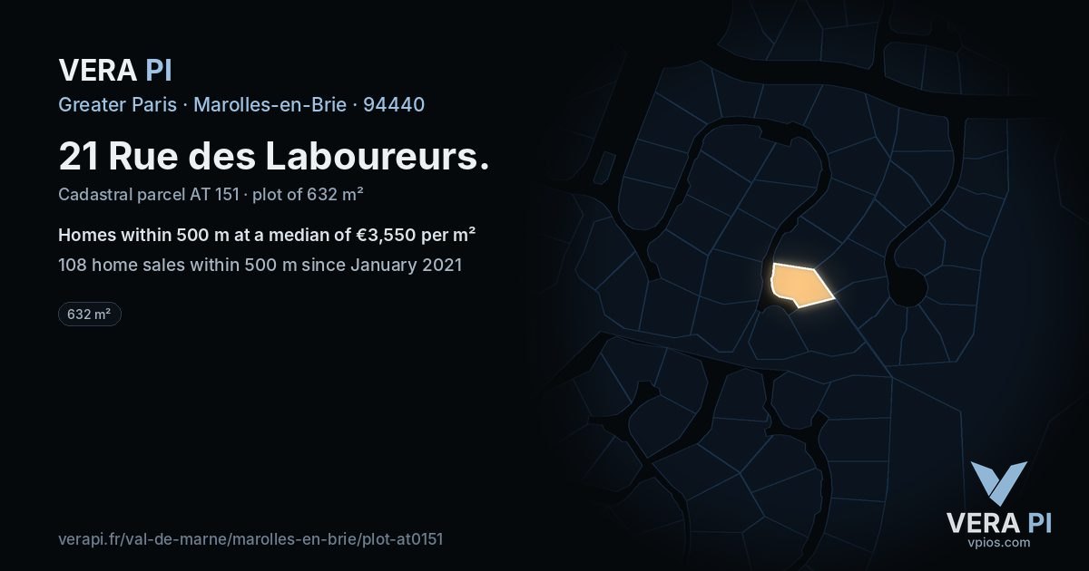 21 Rue des Laboureurs, Marolles-en-Brie at night – the plot lit, the parcels around coloured by the prices near them