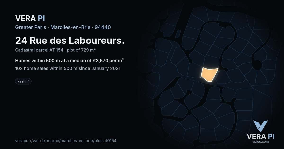 24 Rue des Laboureurs, Marolles-en-Brie at night – the plot lit, the parcels around coloured by the prices near them