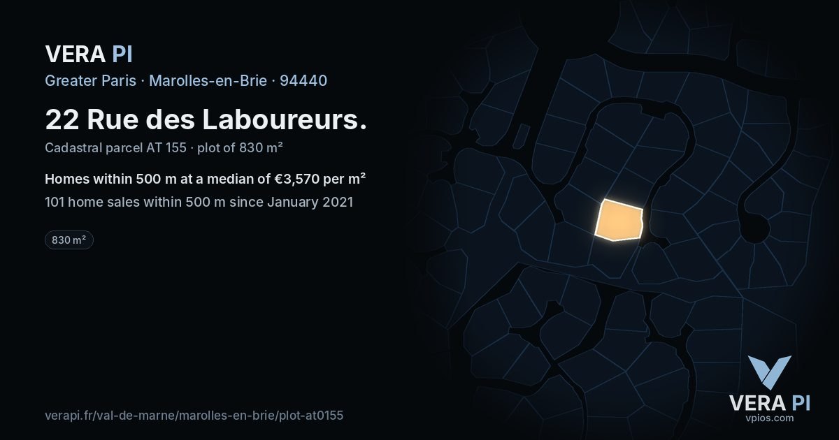 22 Rue des Laboureurs, Marolles-en-Brie at night – the plot lit, the parcels around coloured by the prices near them
