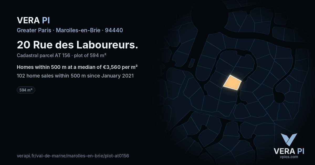 20 Rue des Laboureurs, Marolles-en-Brie at night – the plot lit, the parcels around coloured by the prices near them