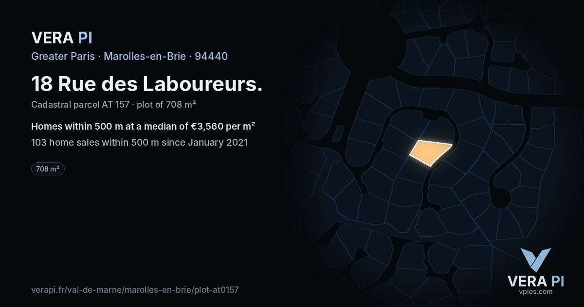 18 Rue des Laboureurs, Marolles-en-Brie at night – the plot lit, the parcels around coloured by the prices near them