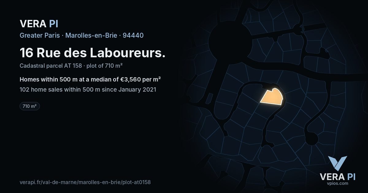 16 Rue des Laboureurs, Marolles-en-Brie at night – the plot lit, the parcels around coloured by the prices near them