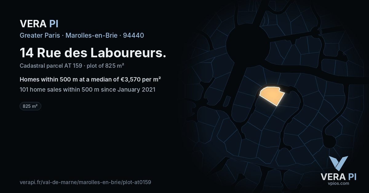 14 Rue des Laboureurs, Marolles-en-Brie at night – the plot lit, the parcels around coloured by the prices near them