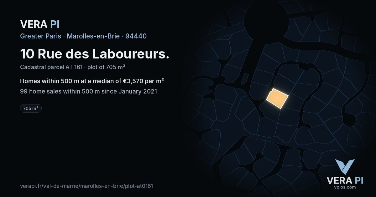 10 Rue des Laboureurs, Marolles-en-Brie at night – the plot lit, the parcels around coloured by the prices near them