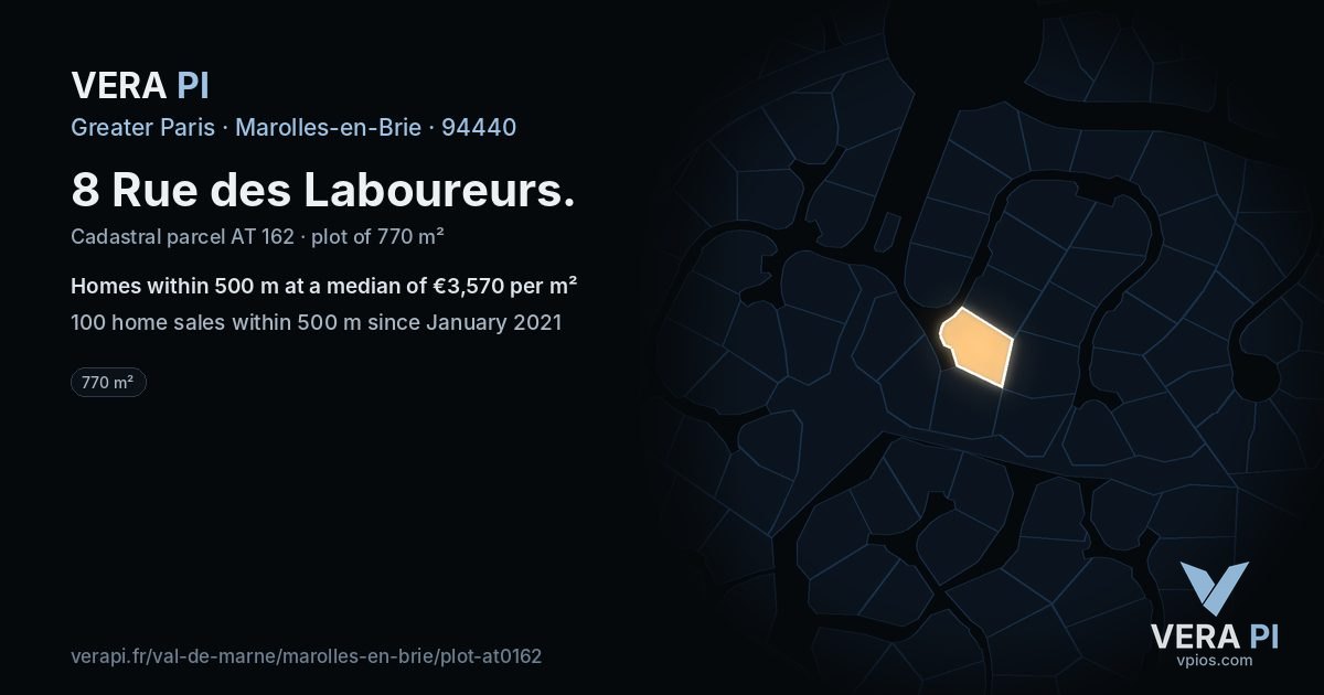 8 Rue des Laboureurs, Marolles-en-Brie at night – the plot lit, the parcels around coloured by the prices near them